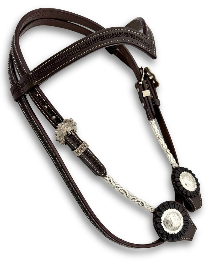 Bridon western marron foncé frontal en V, perles et conchos argentés