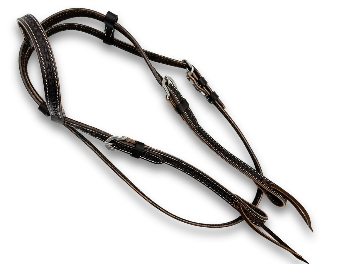 Bridon western une oreille marron foncé estampé vannerie, ferrures inox