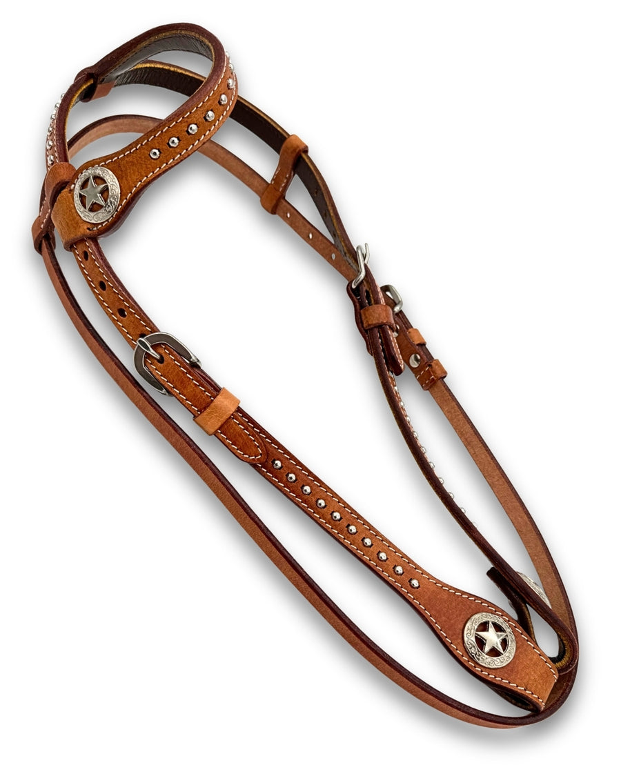 Bridon western une oreille marron, conchos étoiles et rivets
