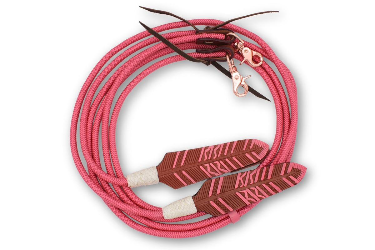 Rênes western fermées en nylon tressé, mèche plume en cuir, mousquetons