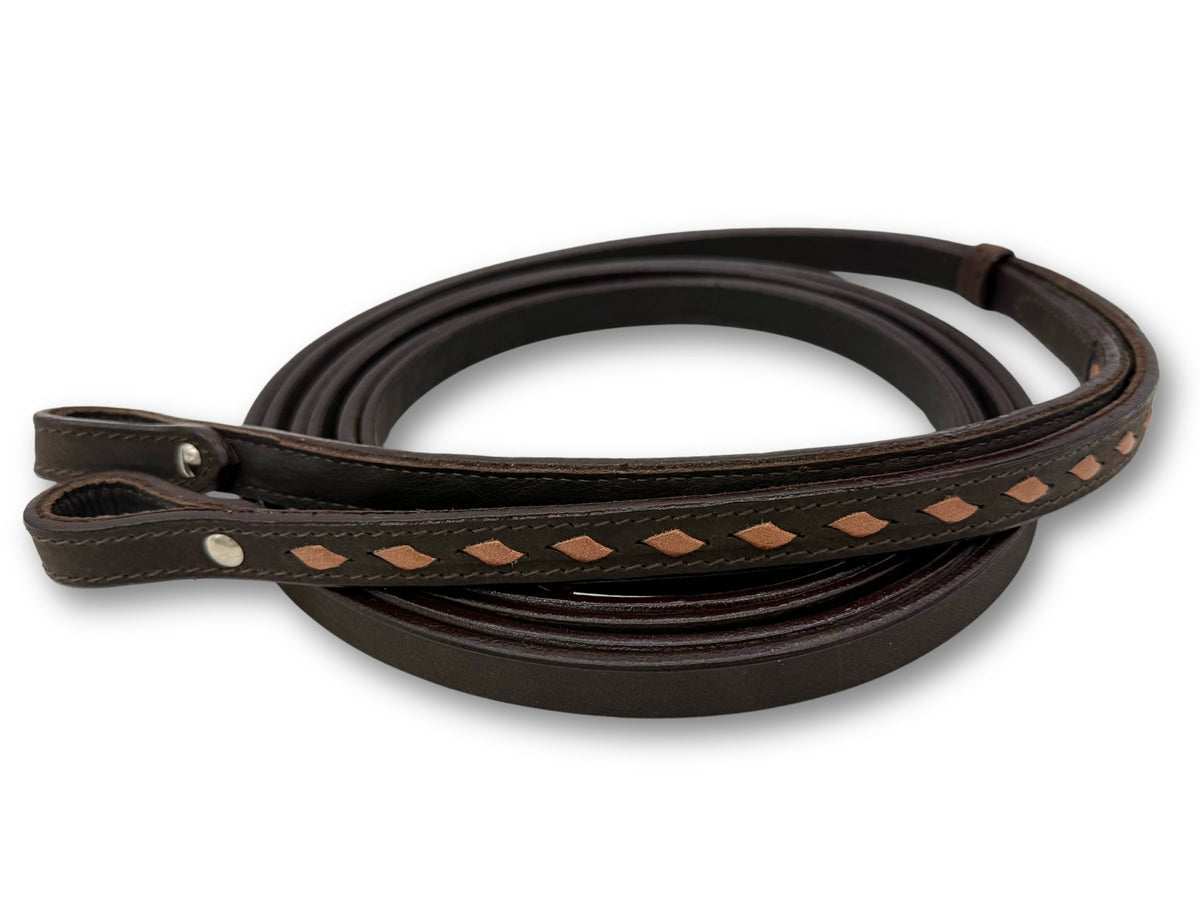 Split reins en cuir marron foncé, décor rose, 2,2 m
