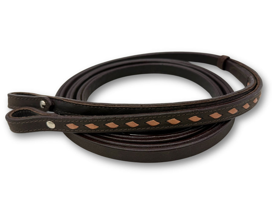 Split reins en cuir marron foncé, décor rose, 2,2 m