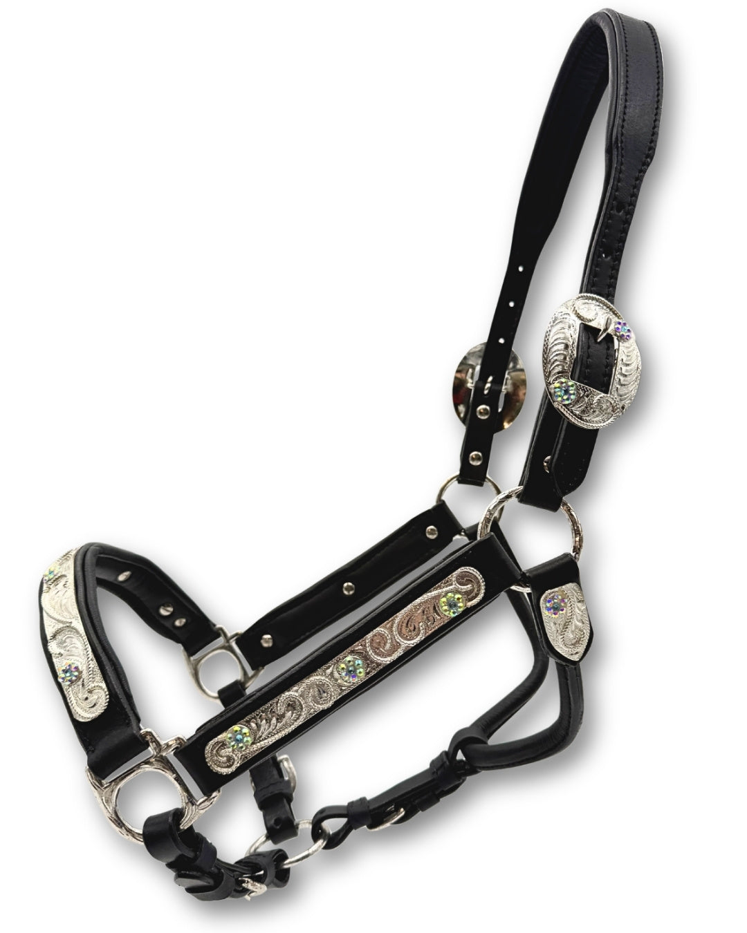 Licol de présentation western cuir noir rembourré, ferrures à strass