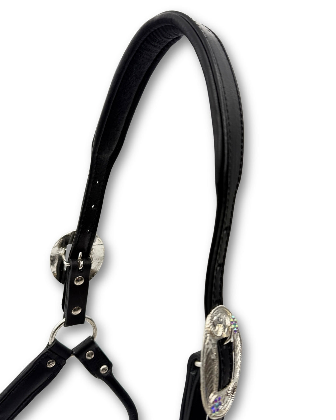 Licol de présentation western cuir noir rembourré, ferrures à strass