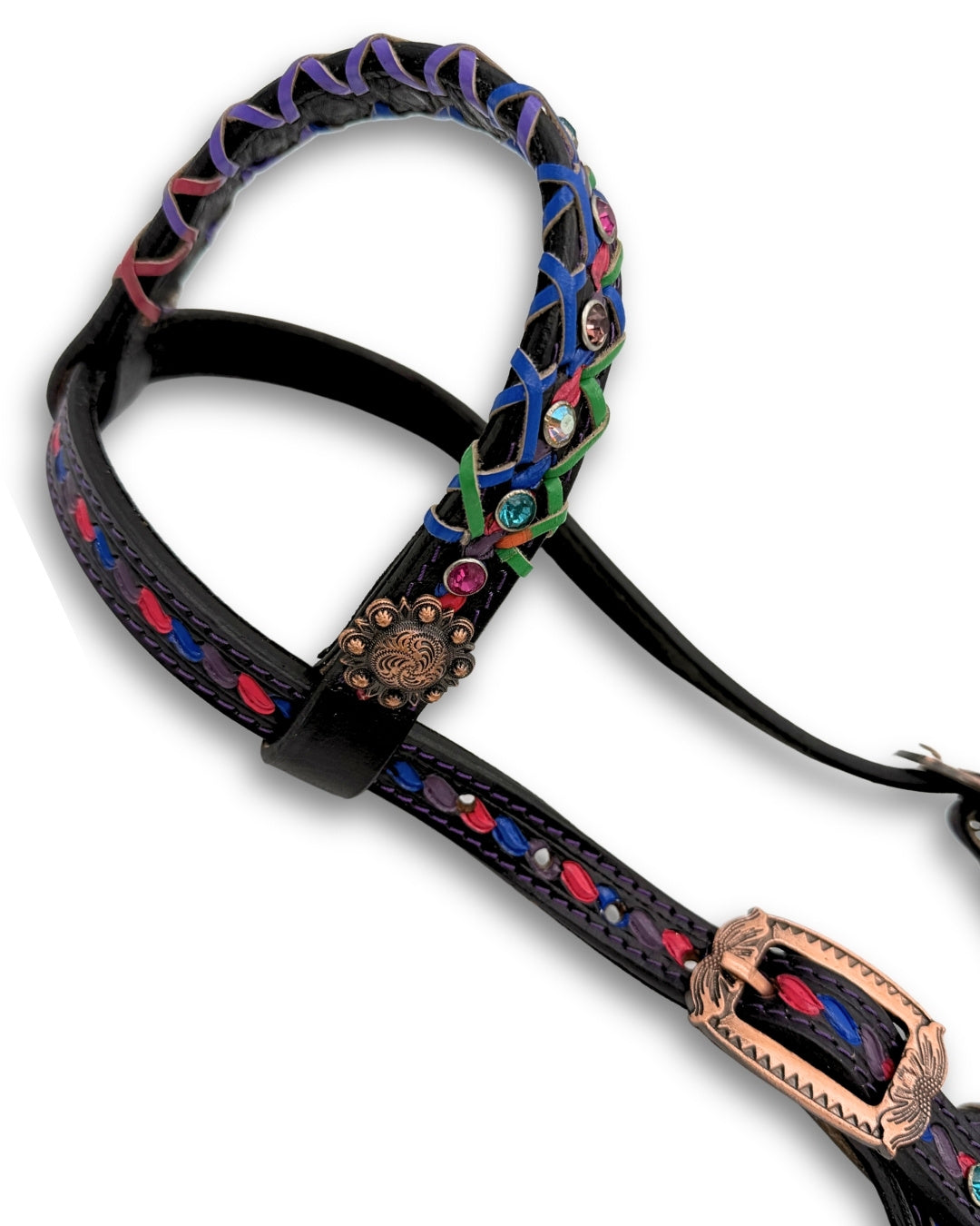 Bridon western une oreille noir, laçage fluo et strass, style barrel