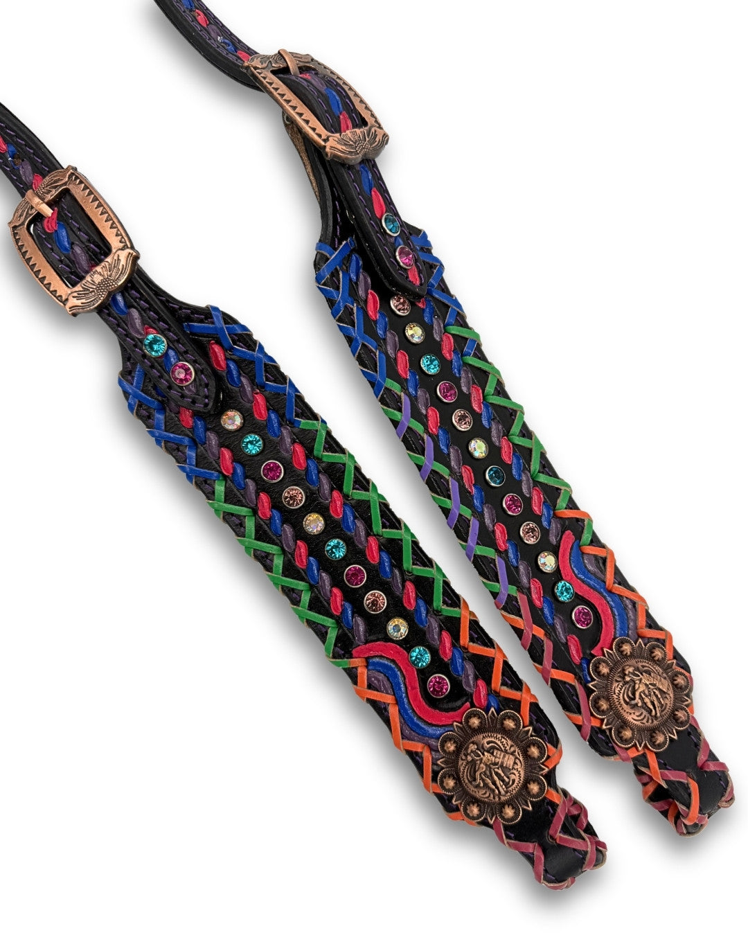 Bridon western une oreille noir, laçage fluo et strass, style barrel