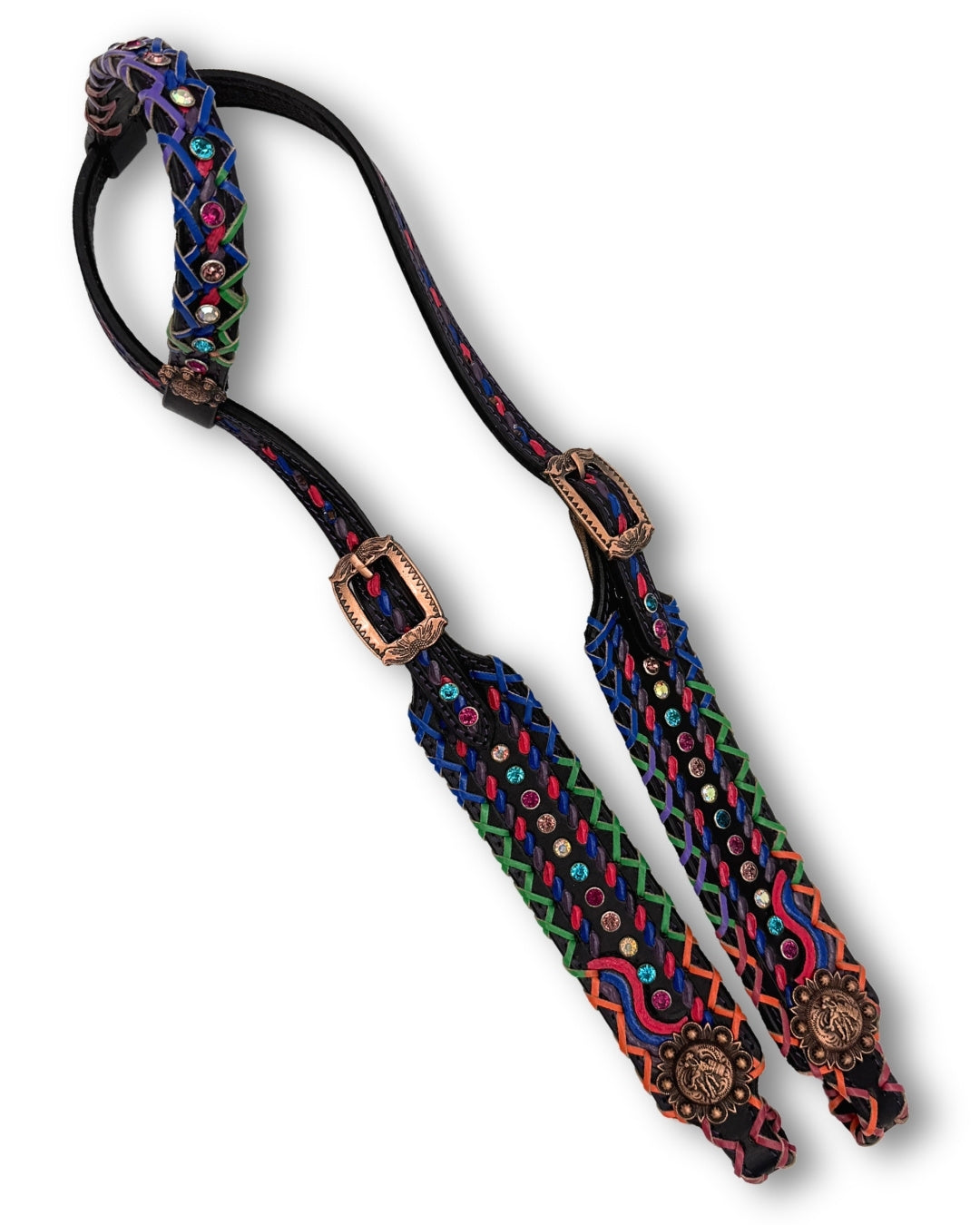 Bridon western une oreille noir, laçage fluo et strass, style barrel