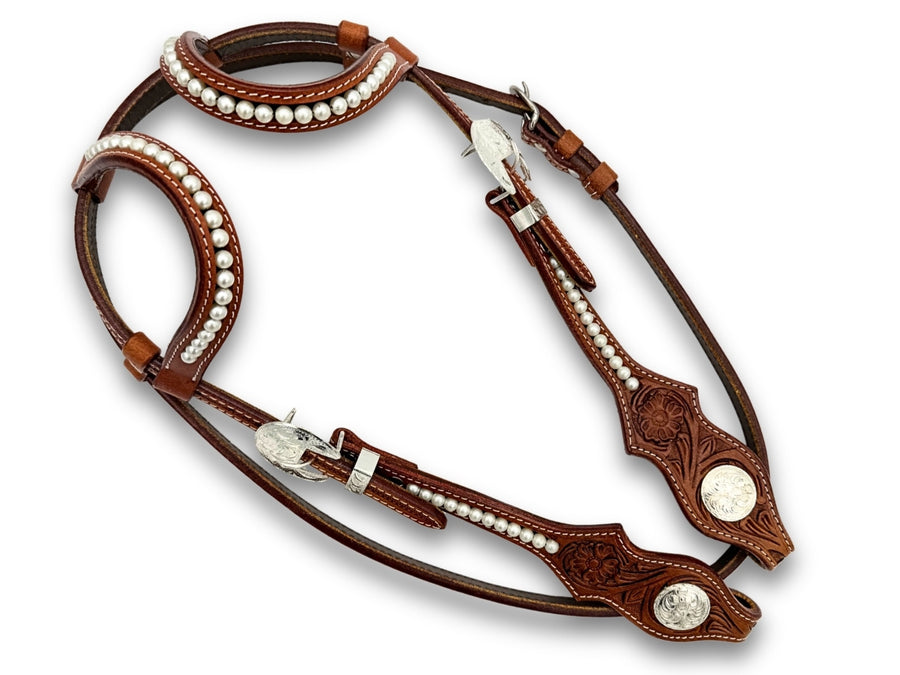 Bridon western deux oreilles marron perlé, estampage floral, sous-gorge