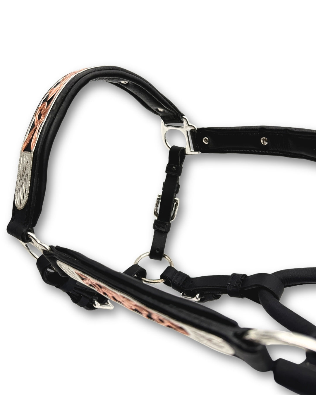 Licol de présentation western cuir noir rembourré, accents or rose