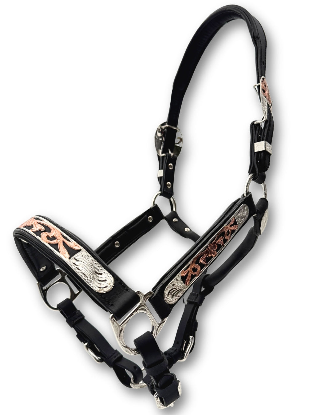 Licol de présentation western cuir noir rembourré, accents or rose