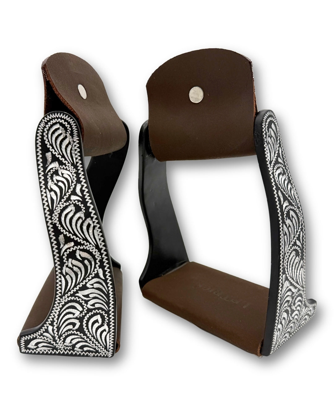 Étriers western twisted en aluminium noir gravé argent, la paire