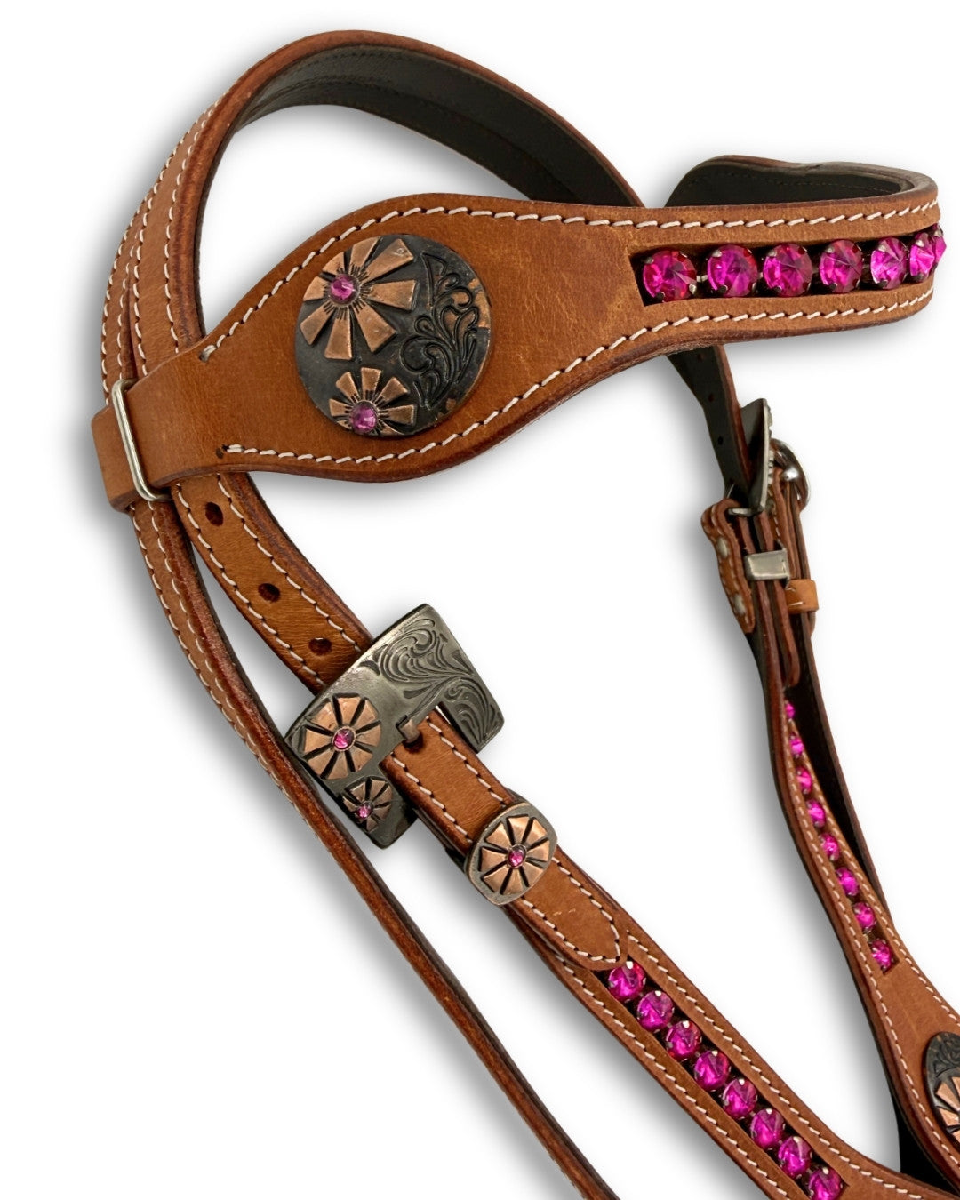 Bridon western à frontal, pierres roses, ferrures vieillies, cuir harness
