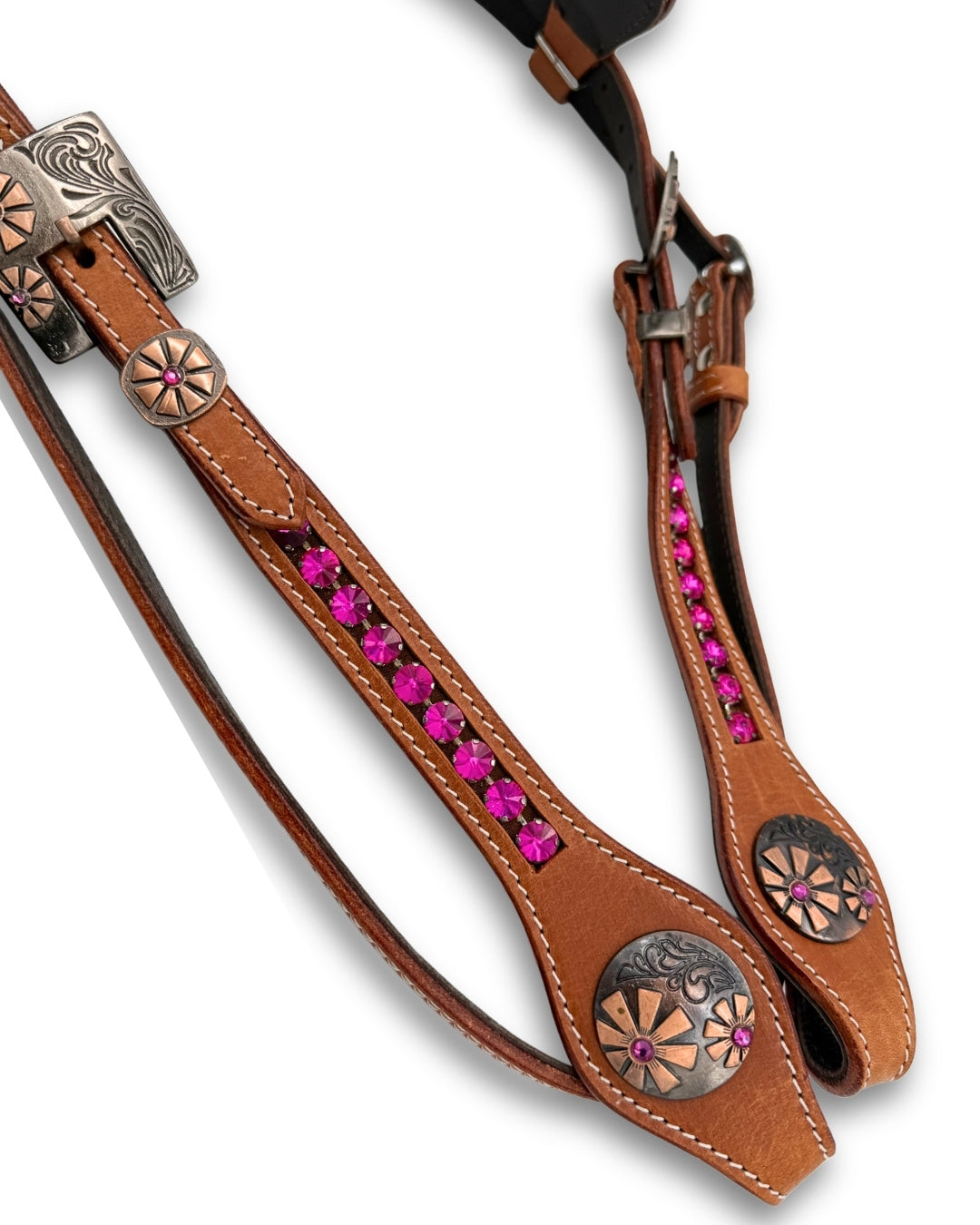 Bridon western à frontal, pierres roses, ferrures vieillies, cuir harness