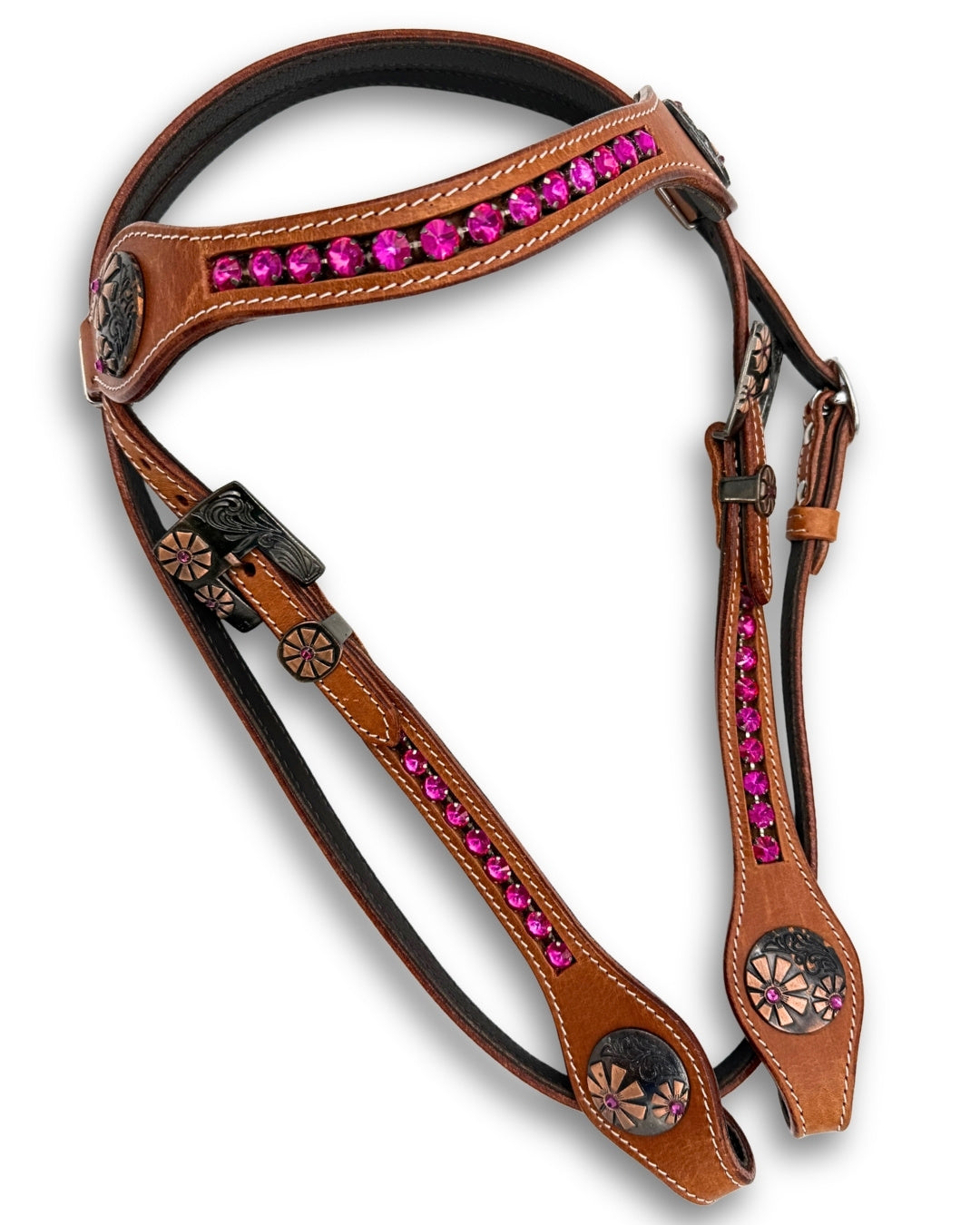 Bridon western à frontal, pierres roses, ferrures vieillies, cuir harness