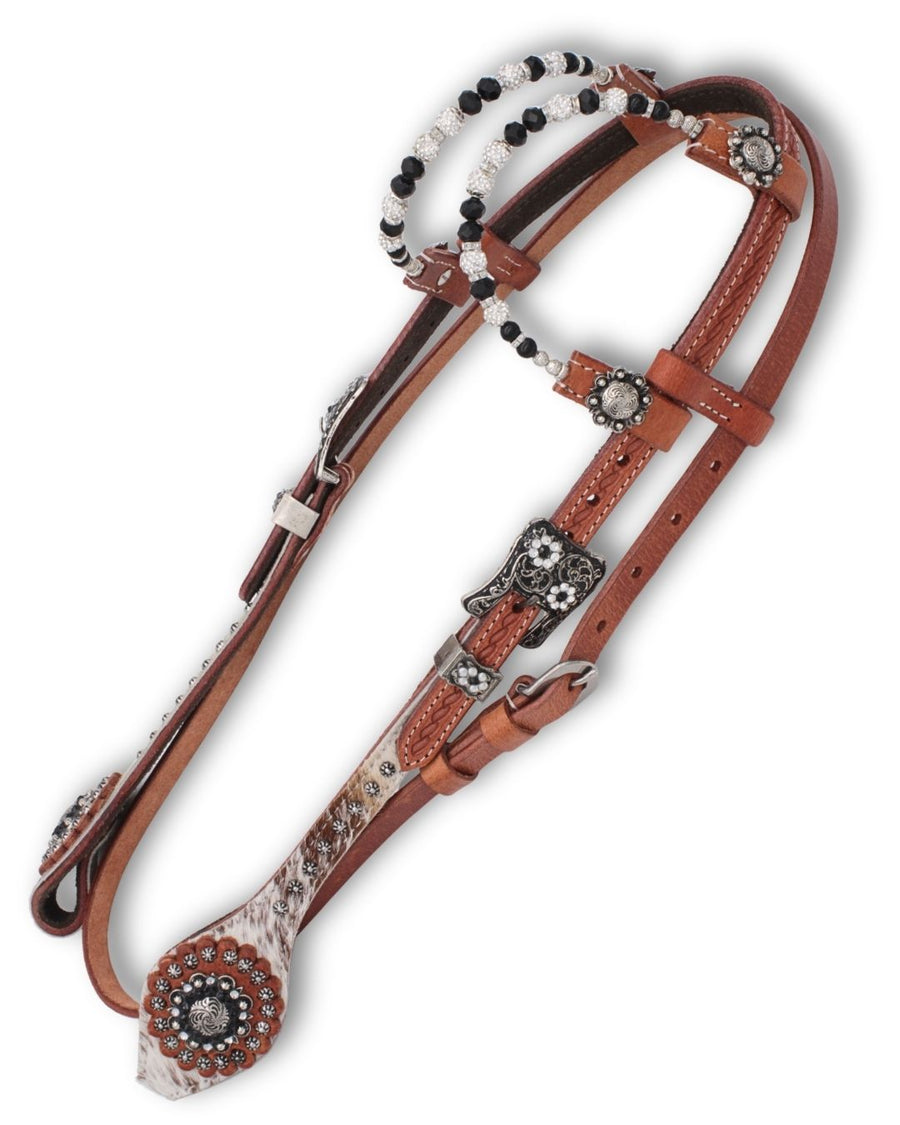 Bridon western deux oreilles, insert peau de vache et conchos strass