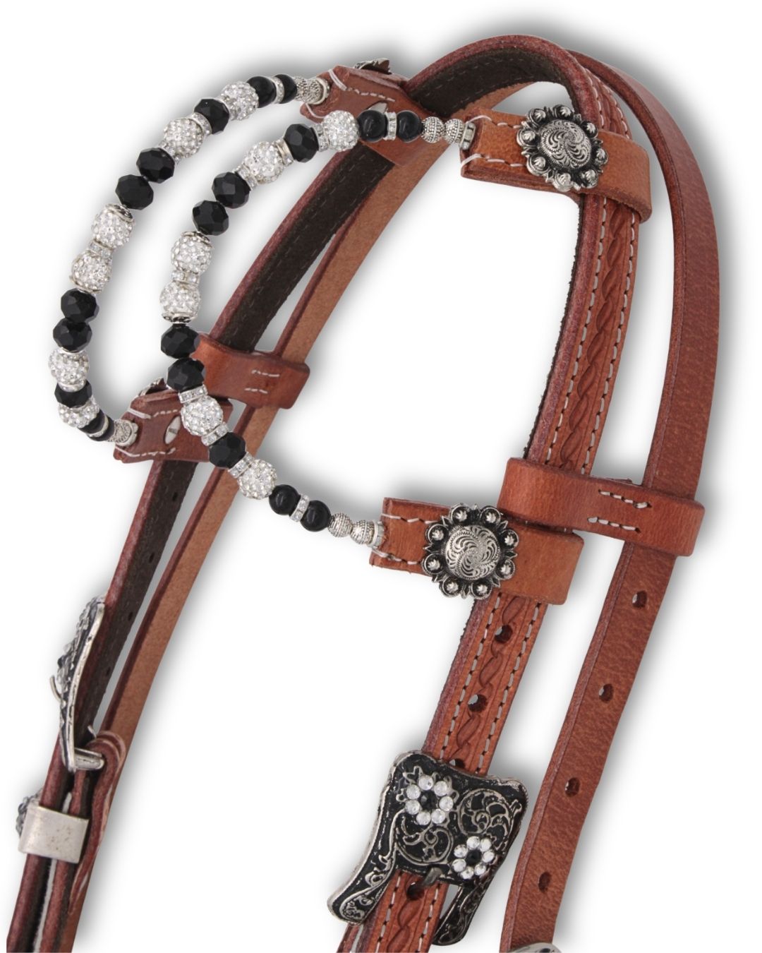 Bridon western deux oreilles, insert peau de vache et conchos strass