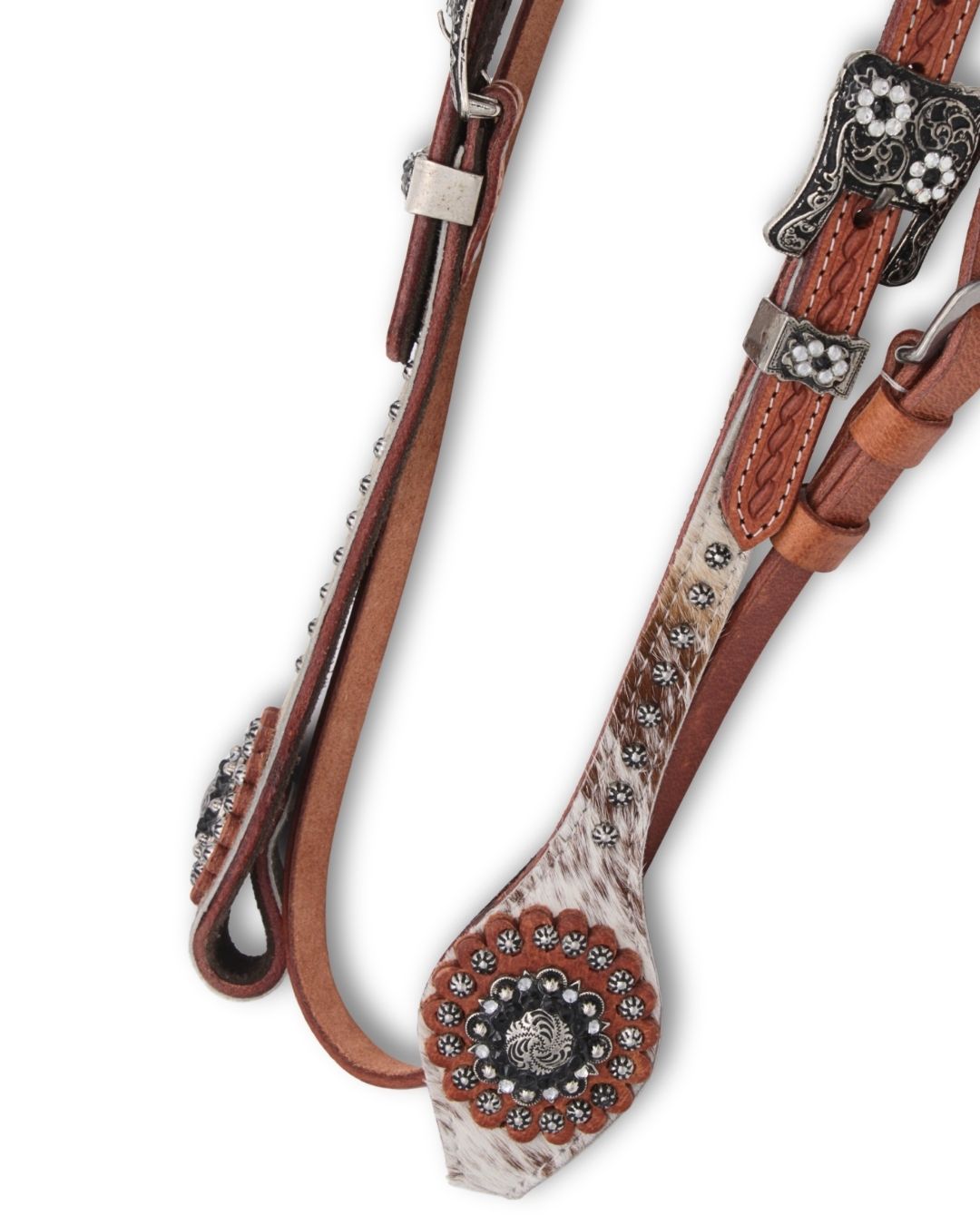 Bridon western deux oreilles, insert peau de vache et conchos strass