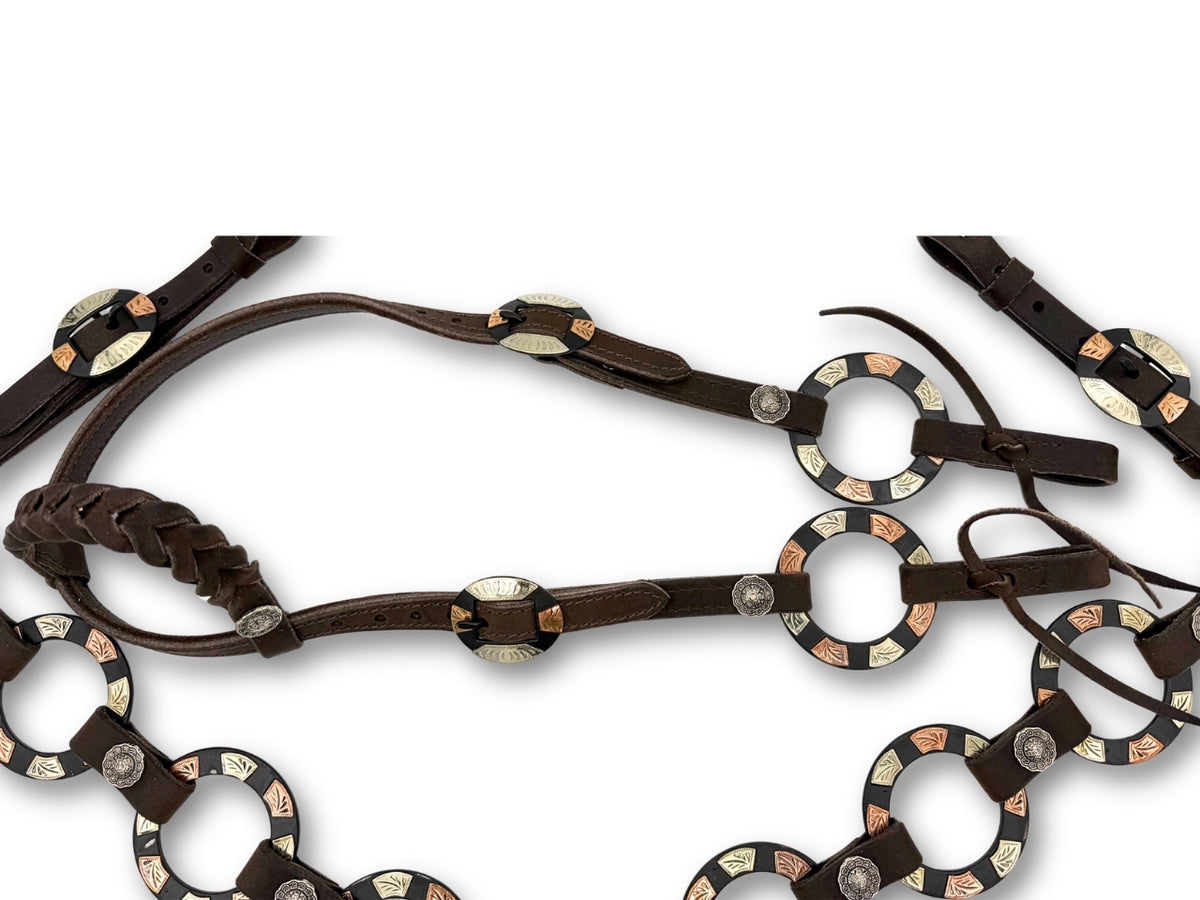 Ensemble western une oreille marron foncé, anneaux tricolores gravés