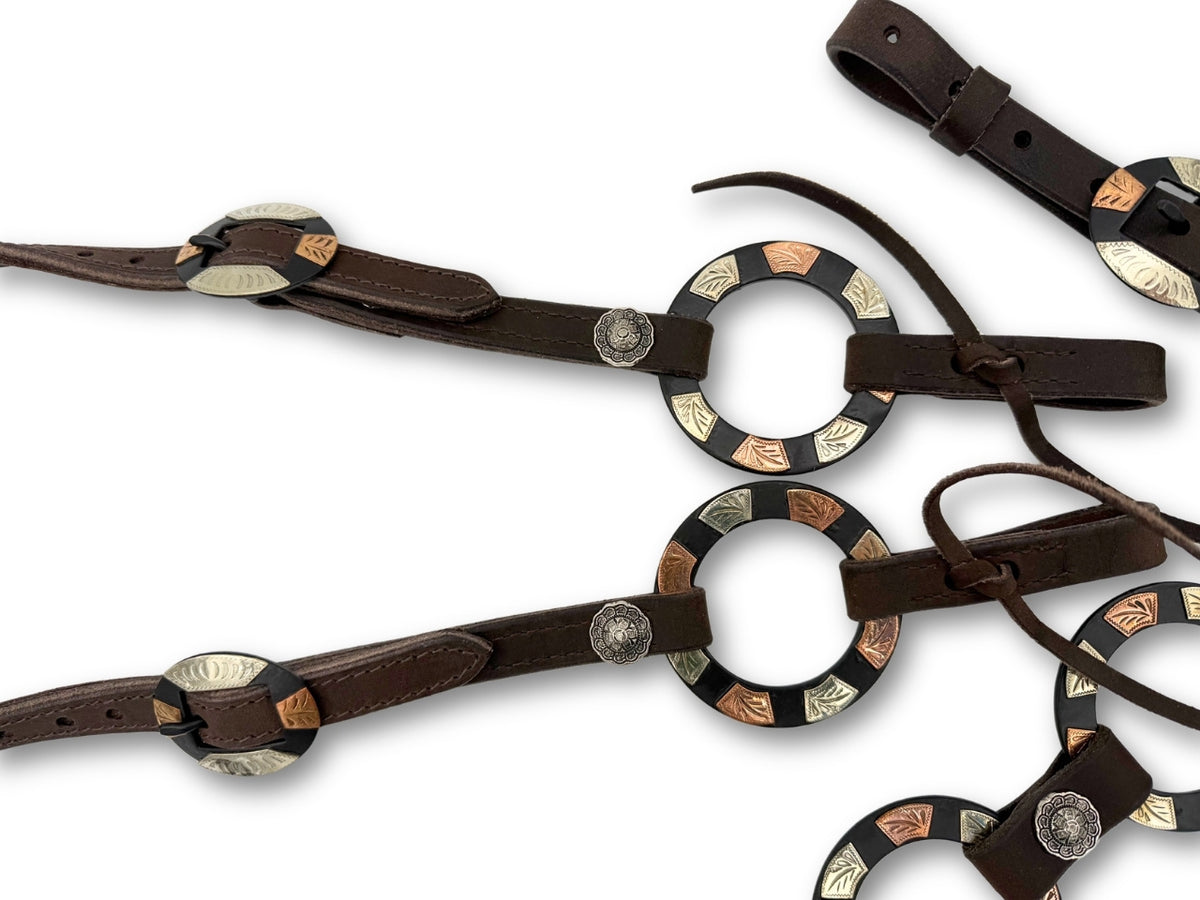 Ensemble western une oreille marron foncé, anneaux tricolores gravés