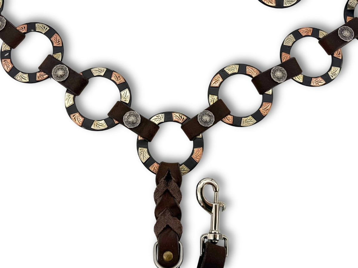 Ensemble western une oreille marron foncé, anneaux tricolores gravés