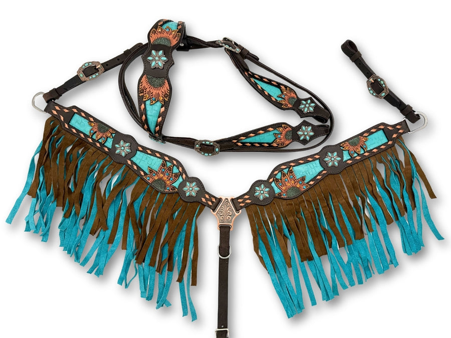 Ensemble western bridon turquoise et collier à franges, tournesols peints