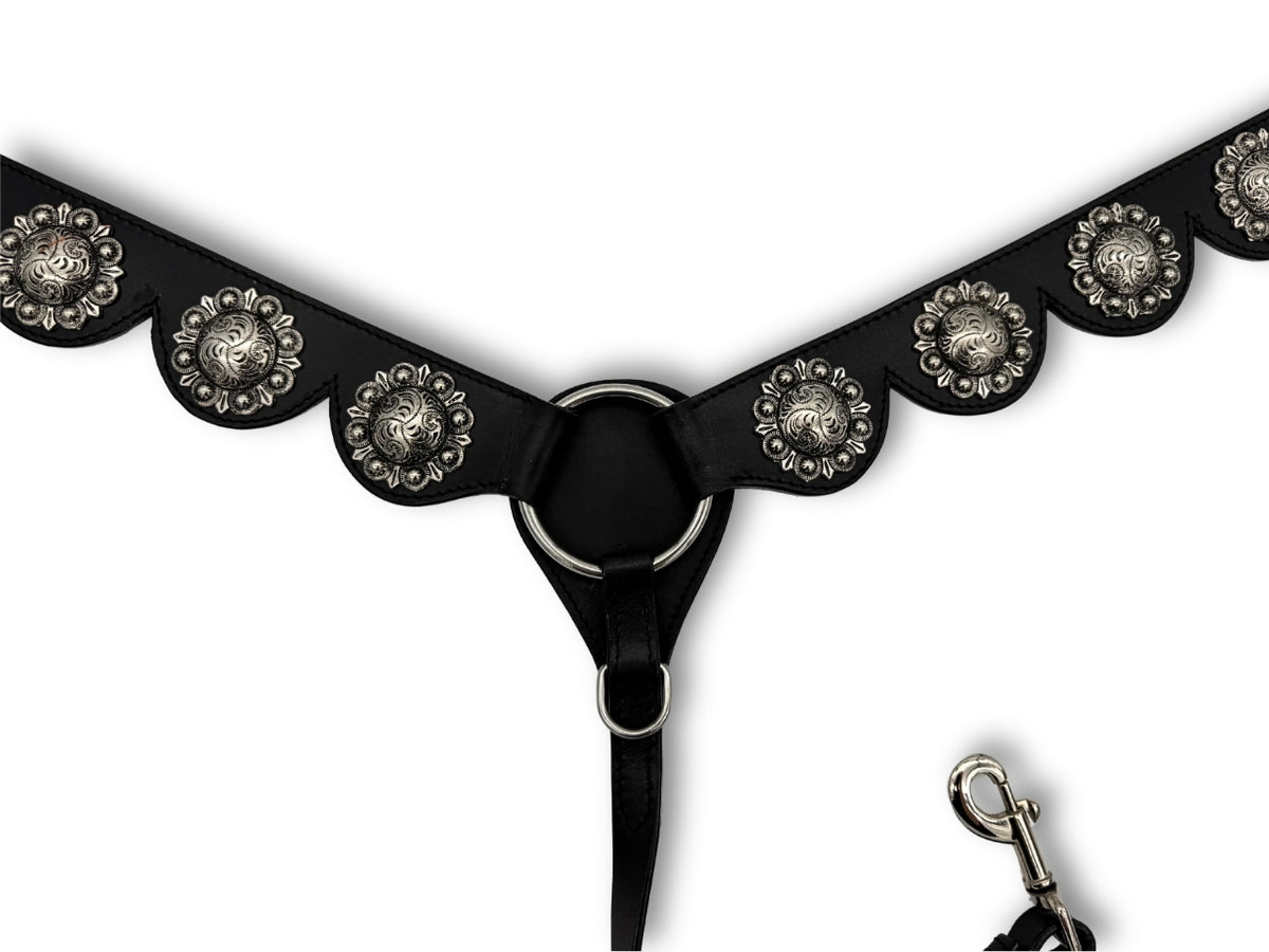 Collier de chasse western cuir noir, grands conchos argentés floraux