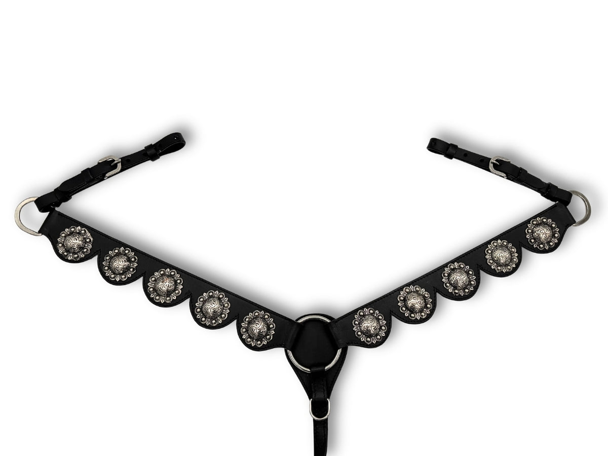 Collier de chasse western cuir noir, grands conchos argentés floraux