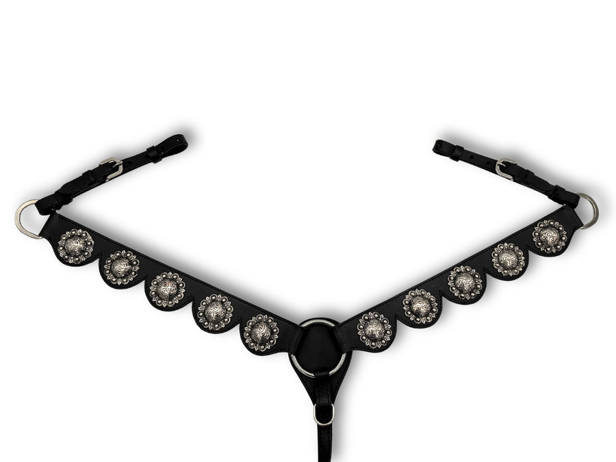 Collier de chasse western cuir noir, grands conchos argentés floraux