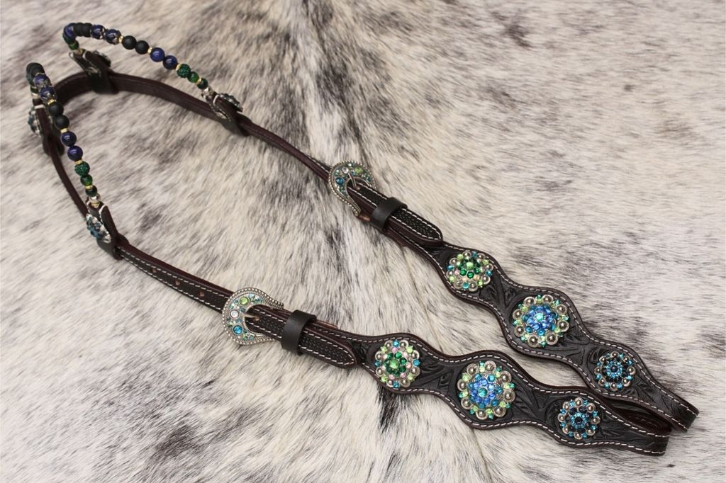 Bridon western deux oreilles fleuri, strass bleus et verts, perles