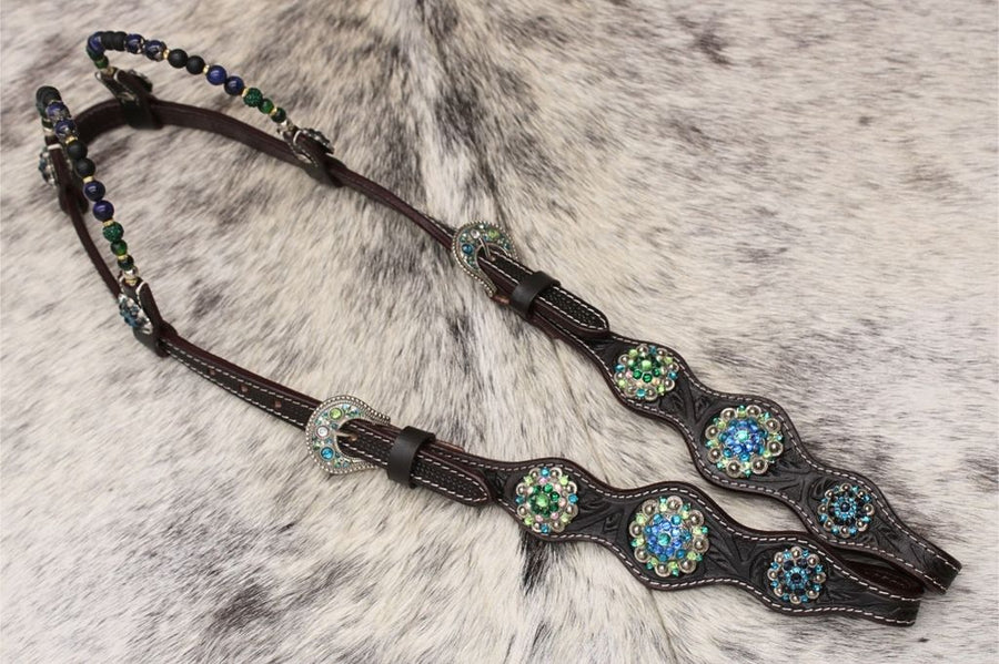 Bridon western deux oreilles fleuri, strass bleus et verts, perles