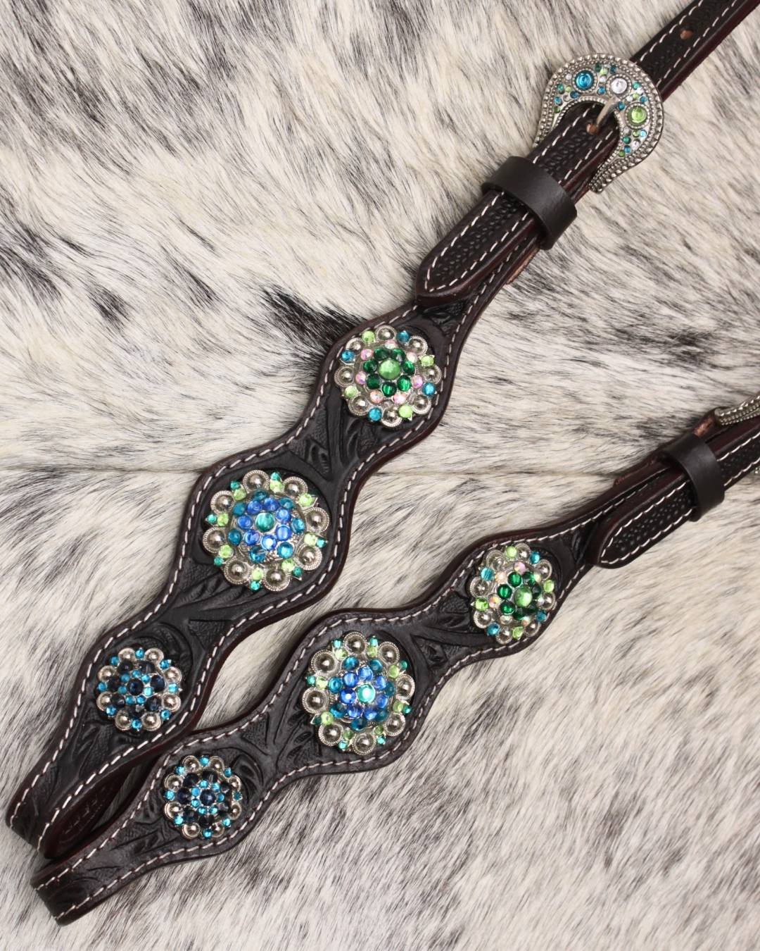 Bridon western deux oreilles fleuri, strass bleus et verts, perles