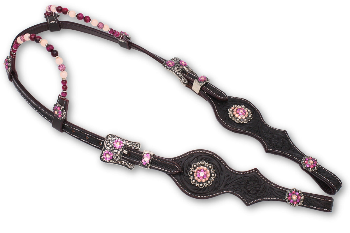 Bridon western deux oreilles marron foncé, fleurs roses et perles