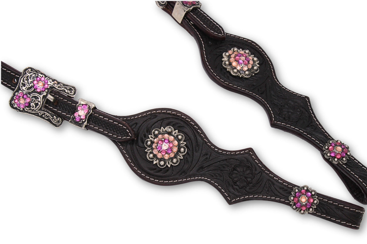 Bridon western deux oreilles marron foncé, fleurs roses et perles