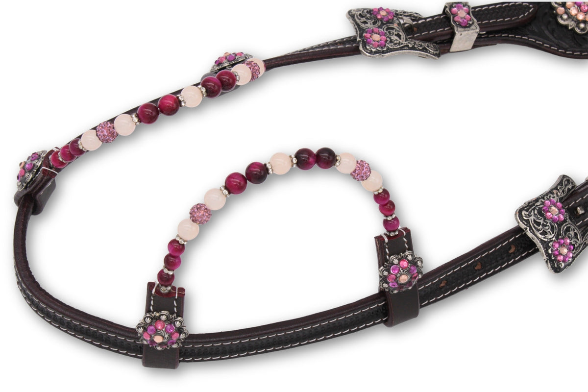 Bridon western deux oreilles marron foncé, fleurs roses et perles