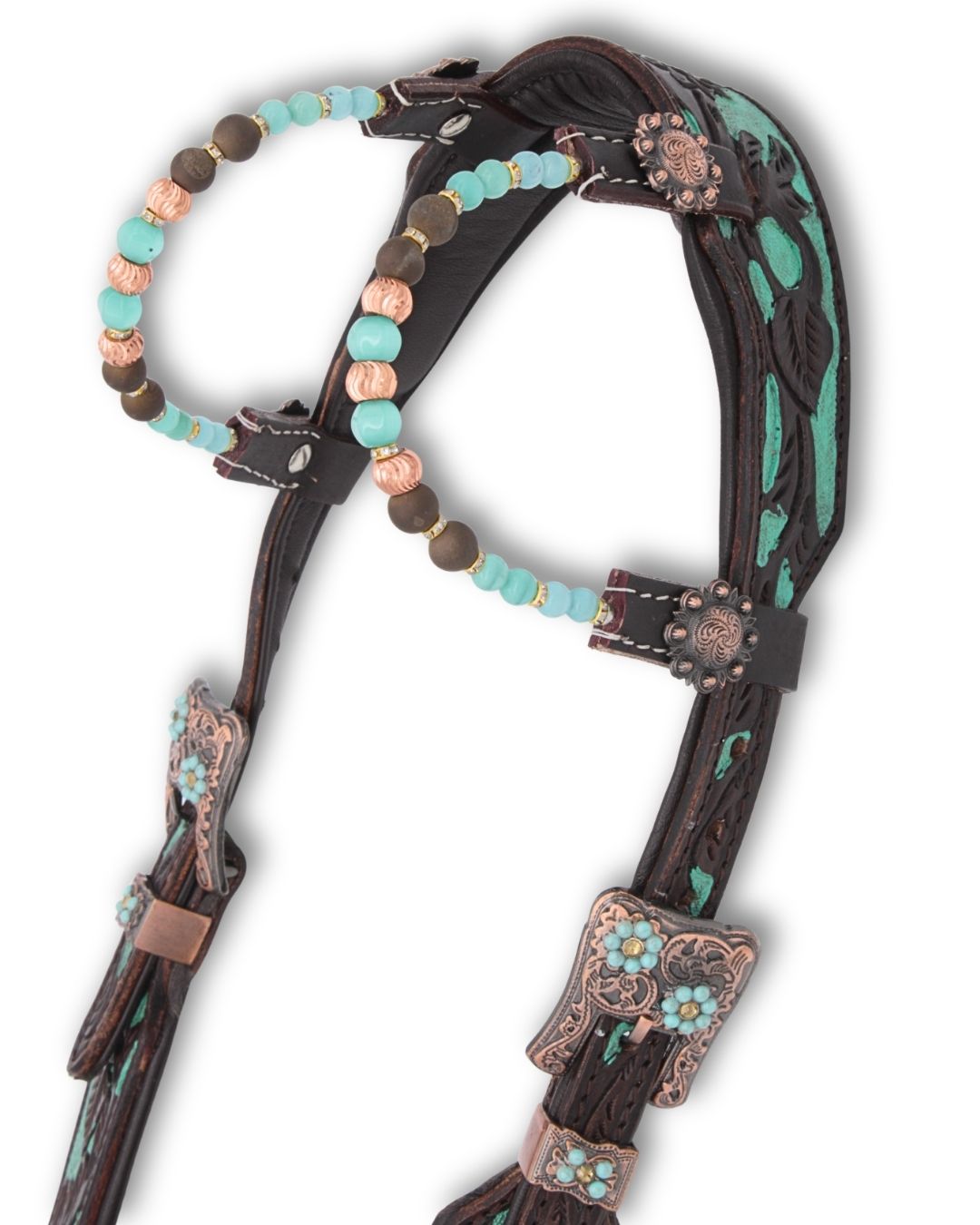 Bridon western deux oreilles anatomique rembourré, perles turquoise