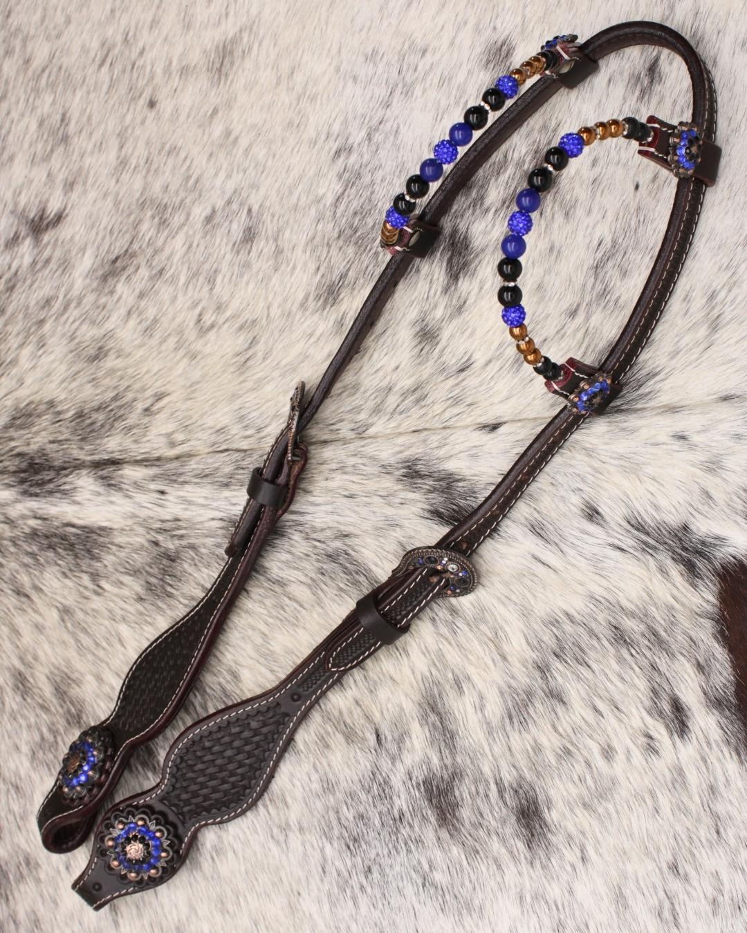 Bridon western deux oreilles marron foncé, perles et strass bleu roi