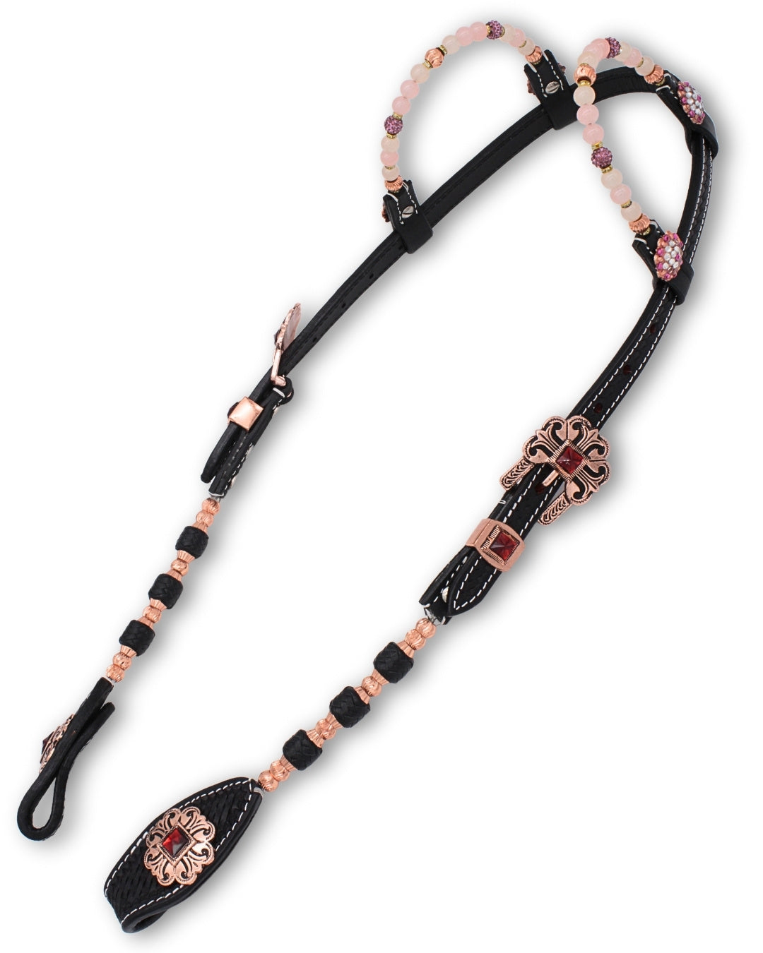 Bridon western deux oreilles noir, perles et conchos trèfle or rose