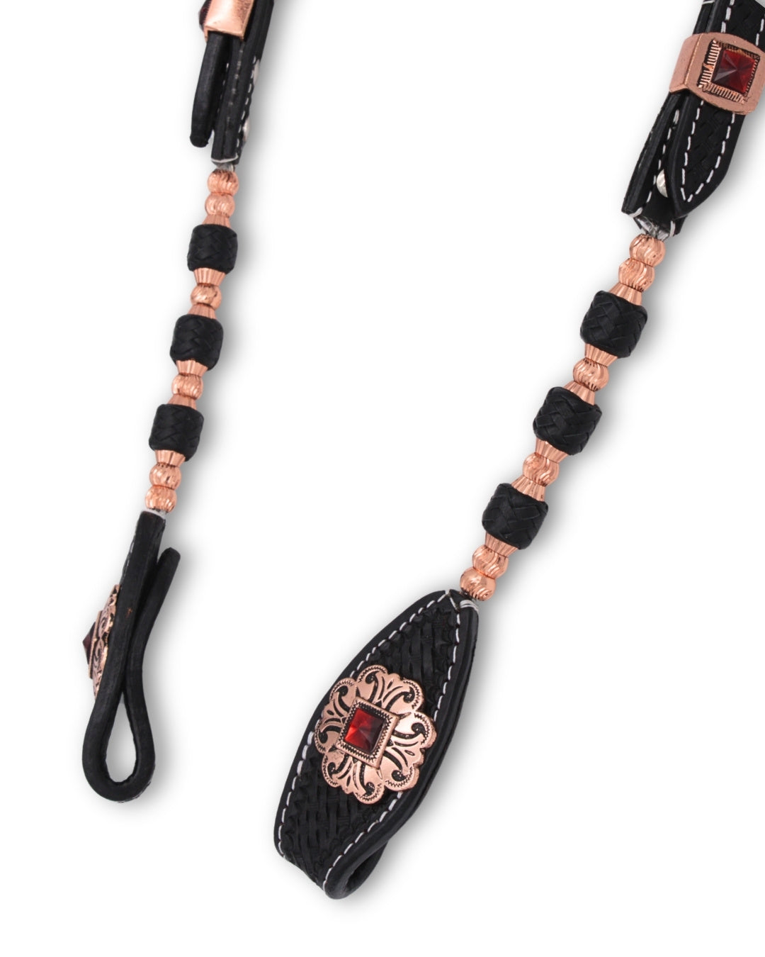 Bridon western deux oreilles noir, perles et conchos trèfle or rose