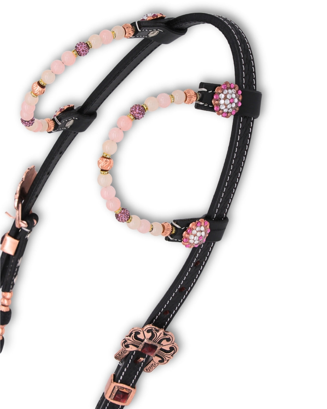 Bridon western deux oreilles noir, perles et conchos trèfle or rose