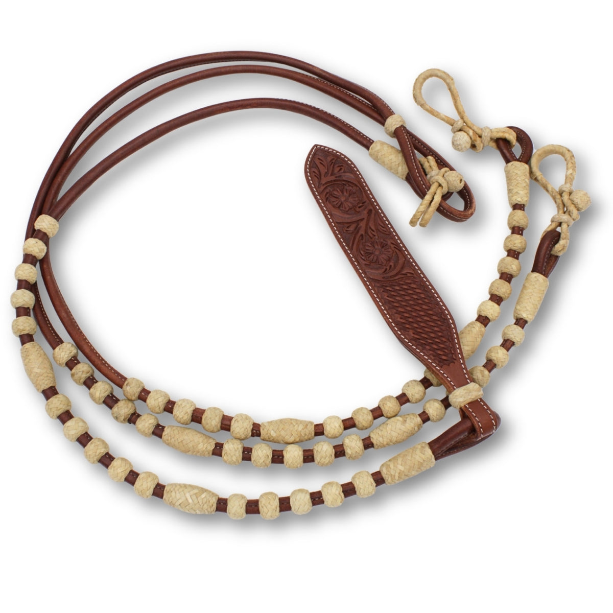 Rênes romal en cuir chestnut cousu rond, mèche estampée