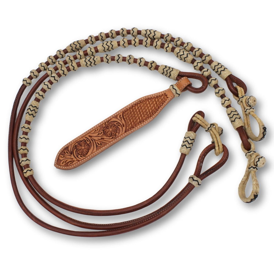 Rênes romal en cuir chestnut cousu rond, boutons décorés