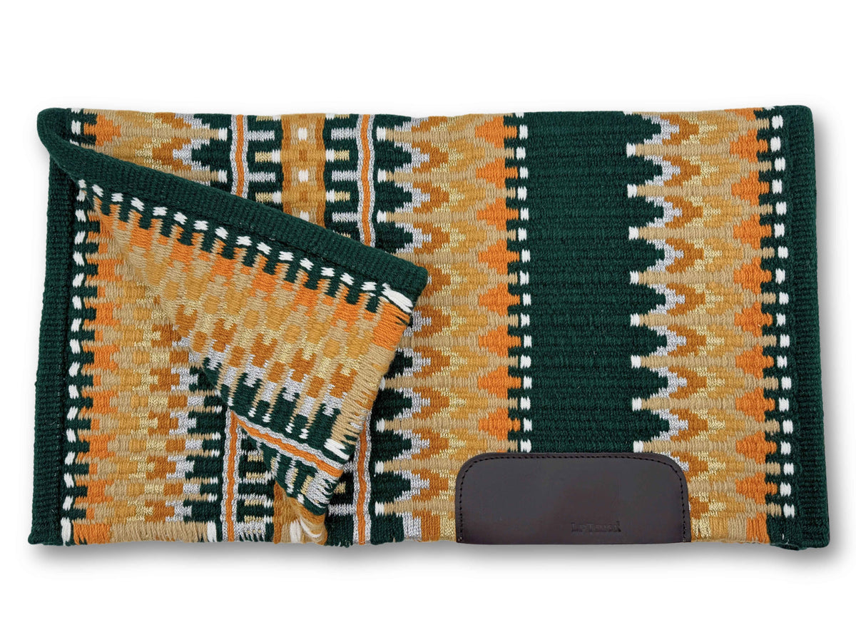 Couverture de selle western vert sapin, or et beige, motif sud-ouest