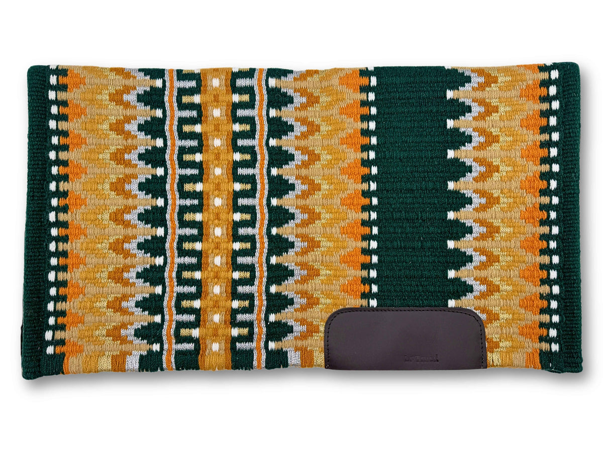 Couverture de selle western vert sapin, or et beige, motif sud-ouest