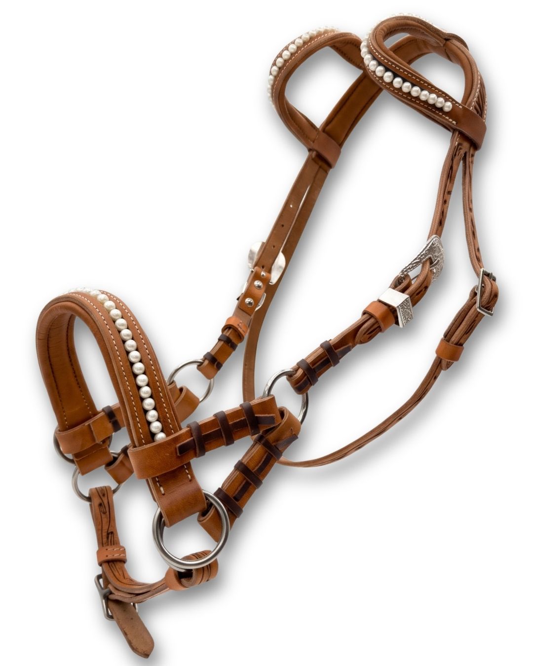 Side-pull western deux oreilles perlé, rembourré, cuir marron estampé