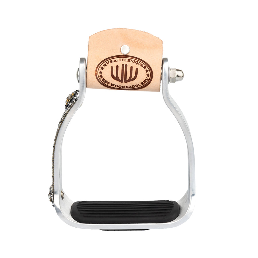 Étriers western Westwood en aluminium décoré, bande cuir, insert antidérapant