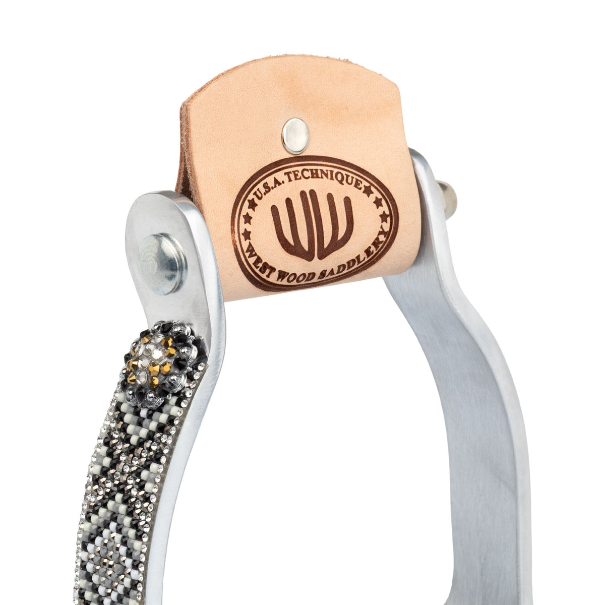 Étriers western Westwood en aluminium décoré, bande cuir, insert antidérapant