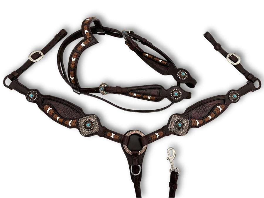 Ensemble western vintage marron foncé, conchos turquoise, rênes incluses
