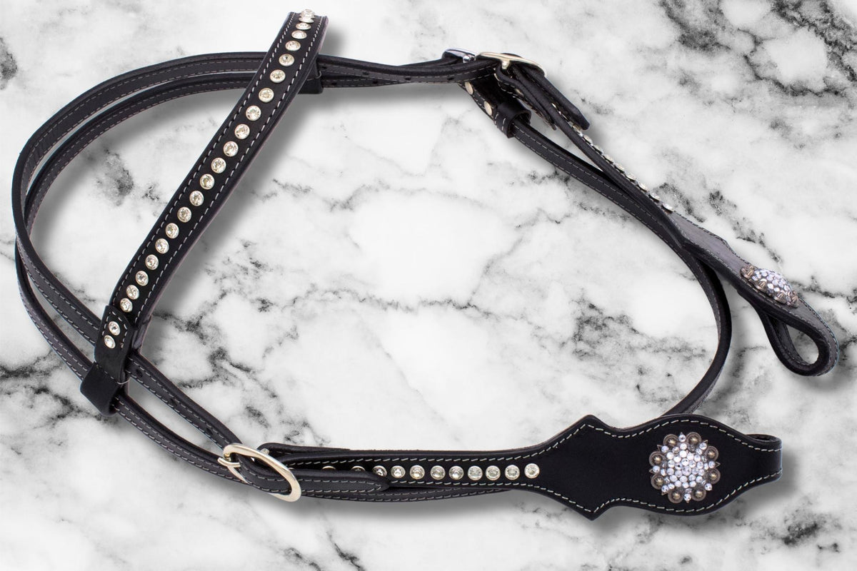 Bridon western noir à frontal strass clairs, taille cob ou trait