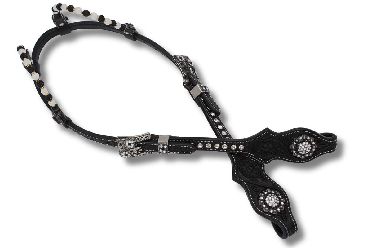 Bridon western deux oreilles taille trait noir, perles noires et blanches
