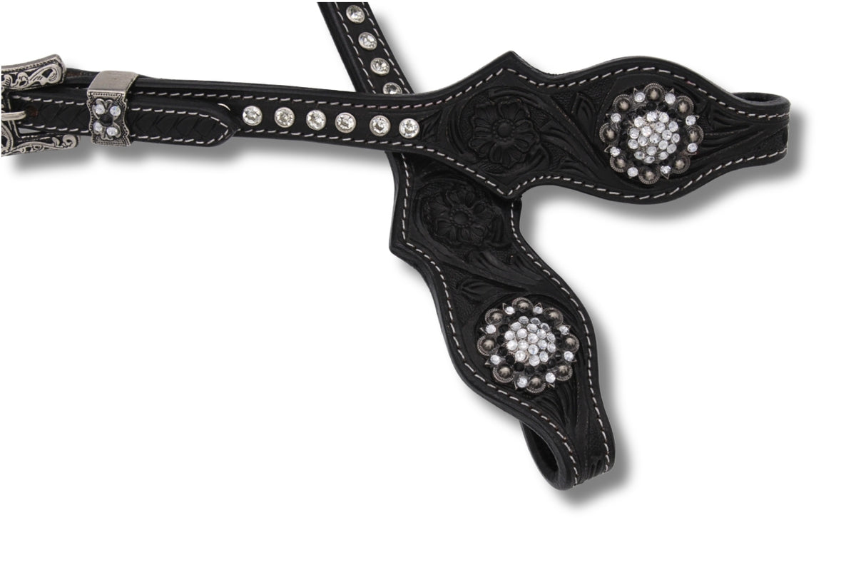 Bridon western deux oreilles taille trait noir, perles noires et blanches